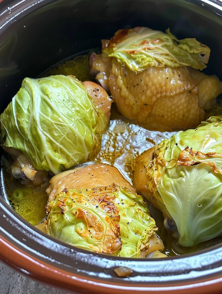 Throw raw cabbage wedges and chicken thighs in the slow cooker